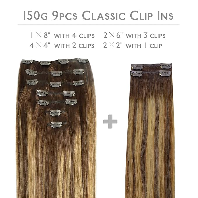 WENNALIFE Clip in Hair Extensions, 150g 22 Inch 9pcs Balayage Chocolate Brown to Caramel Blonde Human Hair Extensions Thicker Clip in Hair Extensions Real Human Hair Clip Set Double Weft
