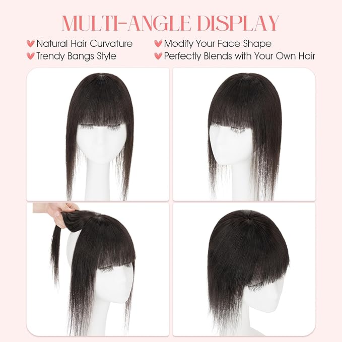 Hairro Mono Hair Toppers with Bangs, 3.4" x 3.4" Mono Base 100% Real Human Hairpieces for Women, 150% Density Clips In Topper for Greyish Thinning Hair, 14 Inch Natural Black