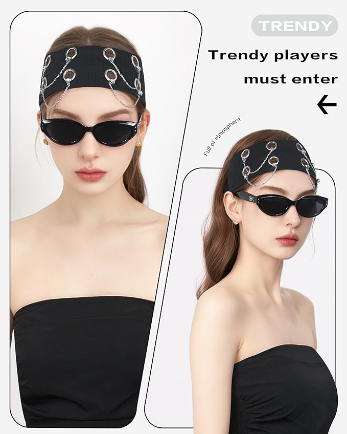 Grommet Headband for Women, Chain Black 20cm Hollow Out Elastic Hair Band, Eyelets Punk Grunge Stylish Hairband