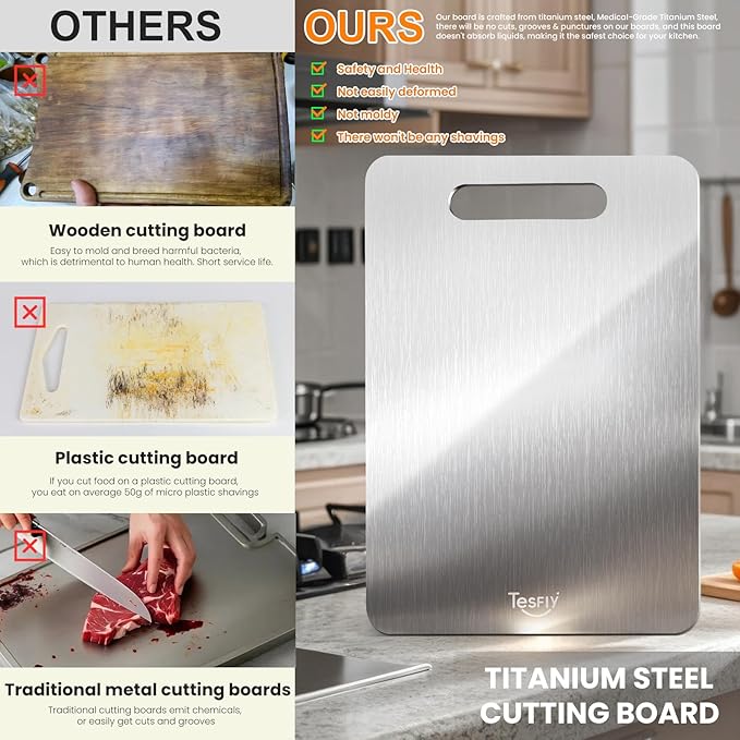 2 Pack Titanium Cutting Board - 100% Pure Titanium Cutting Boards For Kitche,Easy to clean, Double-sided food-grade Cutting Board For Meats, Fruits And Vegetables (18 * 12)