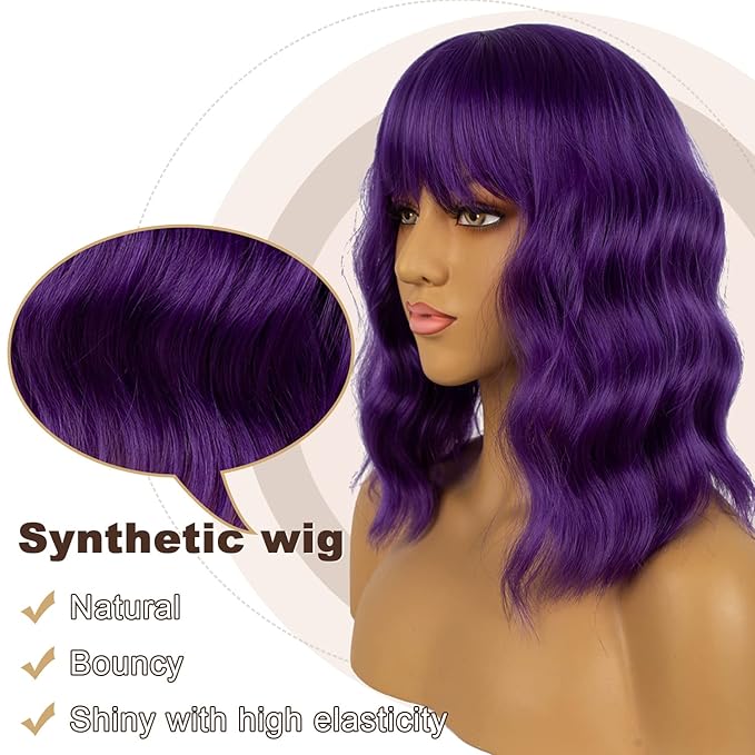 Dark Purple Short Bob Wigs with Bangs for Women Loose Wavy Wig Curly Wavy Shoulder Length Bob Synthetic Cosplay Wig for Girl Colorful Costume Wigs