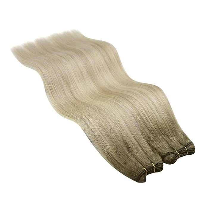 YoungSee Blonde Human Hair Weft Extensions Long Straight Hair Extensions Sew in Ombre Double Weft Human Hair Extension Ash Blonde Mix Platinum Blond Balayage 24Inch 100G
