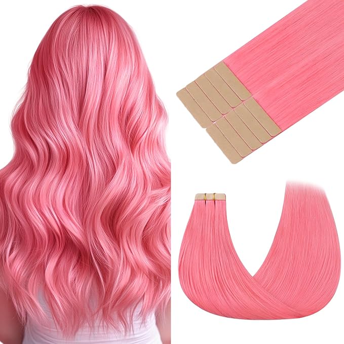 GOO GOO Tape in Hair Extensions Human Hair, Light Pink, 14inch 25g 10pcs, Colored Tape ins Human Hair Extensions, Silky&Soft Invisible Tape Ins, Hair Highlighted for Party