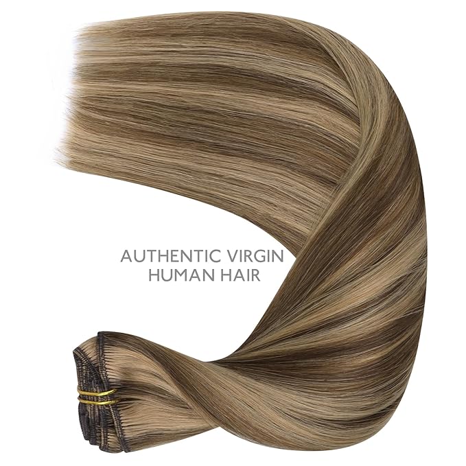 WENNALIFE Clip in Hair Extensions Real Human Hair, 14 Inch 120g 7pcs Human Hair Extensions Clip In Human Hair, Balayage Chocolate Brown to Caramel Blonde Hair Extensions Clip In Real Hair Coloured