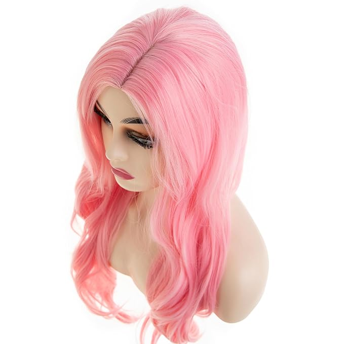 Baruisi Long Curly Wavy Pink Wigs for Women Side Part Natural Looking Cosplay Synthetic Heat Resistant Replacement Wig