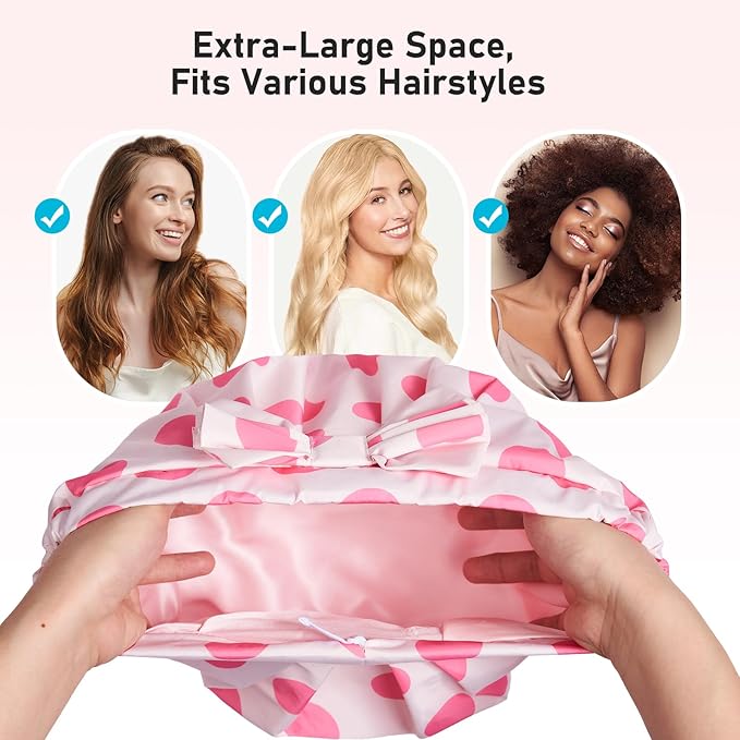 LitBear Luxury Silk Lined Shower Caps for Women Reusable Waterproof, Double Layered Large Bathing Hair Cap with Adjustable Elastic Strap, Non-slip, Quick-dry, for Long Short Hair, Pink Dots