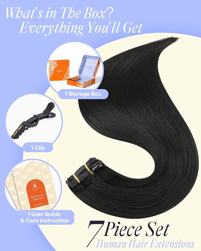 Full Shine Black Clip in Extensions 220 G 22 Inch Human Hair Clip ins for Black Women for Volume 7 Pcs