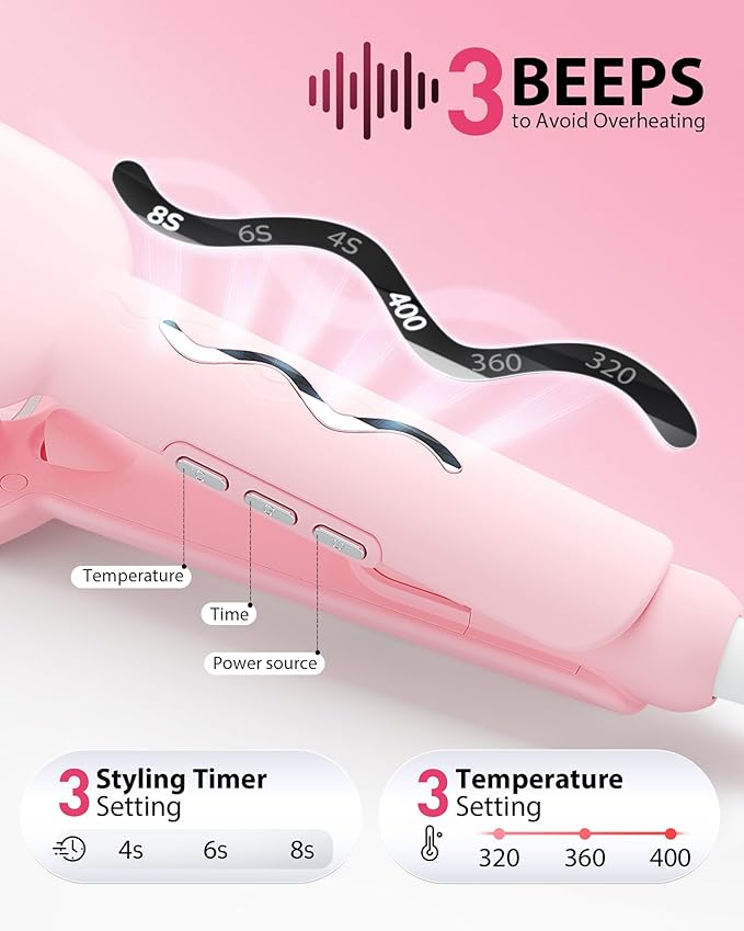 NOVUS 1.25 Inch Curling Iron,Hair Crimper- Beach Wave Hair Waver with Anti-Scald & Negative Ion Technology, Hair Crimper Ceramic Barrel for Tangle-Free Waves on All Hair Types, Pink