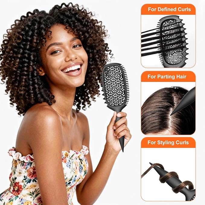 Curl Defining Brush for Thick Coily Hair, Firm-Bristle TPEE Detangling Brush for Coarse 4A–4C Curls, Dual-Sided Wide & Narrow Tooth Brush for Wet & Dry Curl Shaping– Women & Men (2054-Matte Black)
