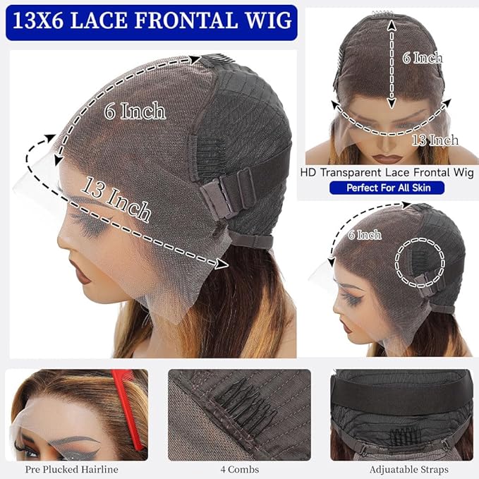 13x6 Lace Front Wigs Human Hair Highlight Ombre HD Lace Frontal Wig Pre Plucked Tangle-Free 200 Density Brown 4/27 Colored Real Virgin Human hair Wig Can Last 6-9 Months 28 Inch