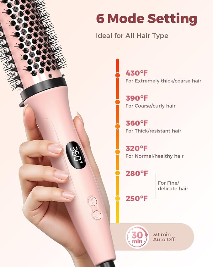 Dual Voltage Thermal Brush, 1.5 Inch Heated Round Brush for Blowout Look, Heated Curling Styler with Negative Ions & Ceramic for Volumizing, 6 Temps & Auto Shut-Off, No Damage, Pink
