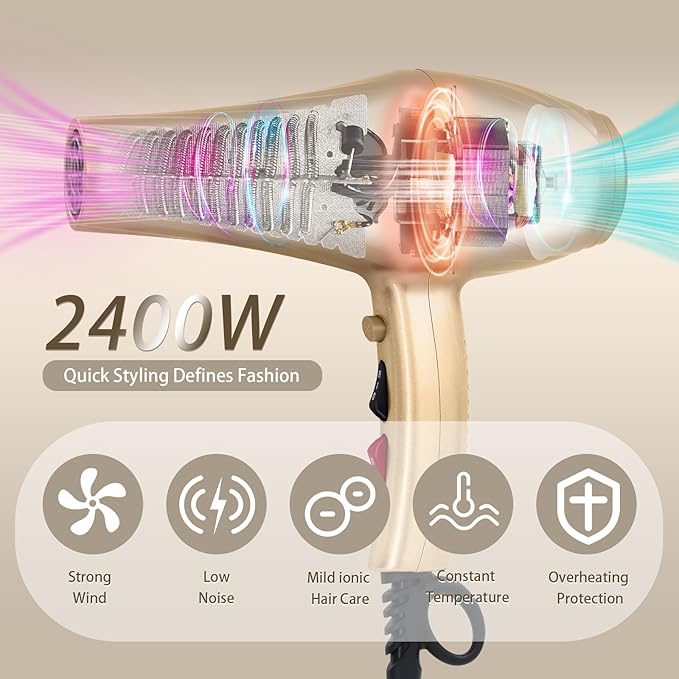 Ionic Hair Dryer,2400W Negative Ion Low Noise Hair Dryer Professional Fast Drying Hair Dryers with 2 Speeds, 3 Heat Settings, Cooling Button,with Diffuser for Curly and Straight Hair（Champagne Gold）