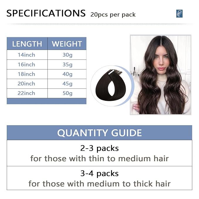 COOKAYU Invisible Tape in Hair Extensions, Darkest Brown 20Inch 45g 20pcs Seamless Invisi Edge Tape in Human Hair Straight Invisible Hair Extensions