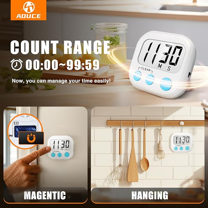 6 Pack Digital Kitchen Timers for Cooking Magnetic Timer for Cooking Loud Alarm White