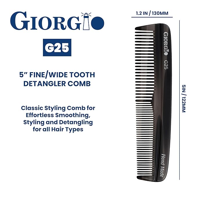 Giorgio G25 FineTooth and WideTooth Pocket Comb - Hair Styling Comb for Men and Women, Handmade Beard Combs for Men, Barber Combs, for Grooming,Saw Cut and Polished (Black Graphite)