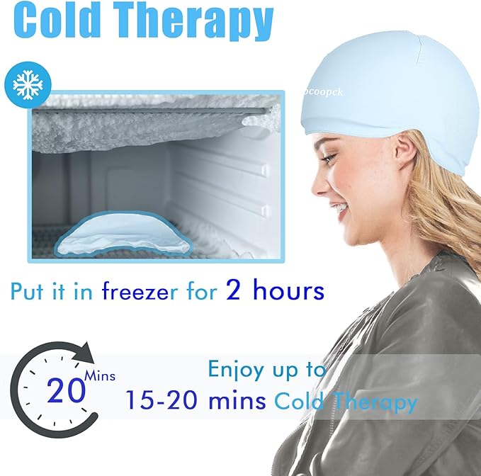 Chemo Cold Cap for Chemotherapy, Migraine Relief Cap, Chemotherapy Must Haves for Women, Cold Compress Ice Pack for Head, Ice Pack for Headaches, Cooling Hats for Women, Light Blue, Chemo Relief