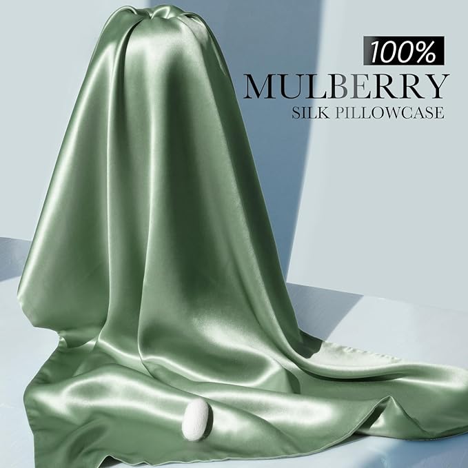 100% Mulberry Silk Pillowcase for Hair and Skin, 22 Momme Pure Natural Silk Pillow Case Both Sided with Zipper, Pillow Cover for Women Mom Men (Matcha, King 20''×36'', 1 Pack)