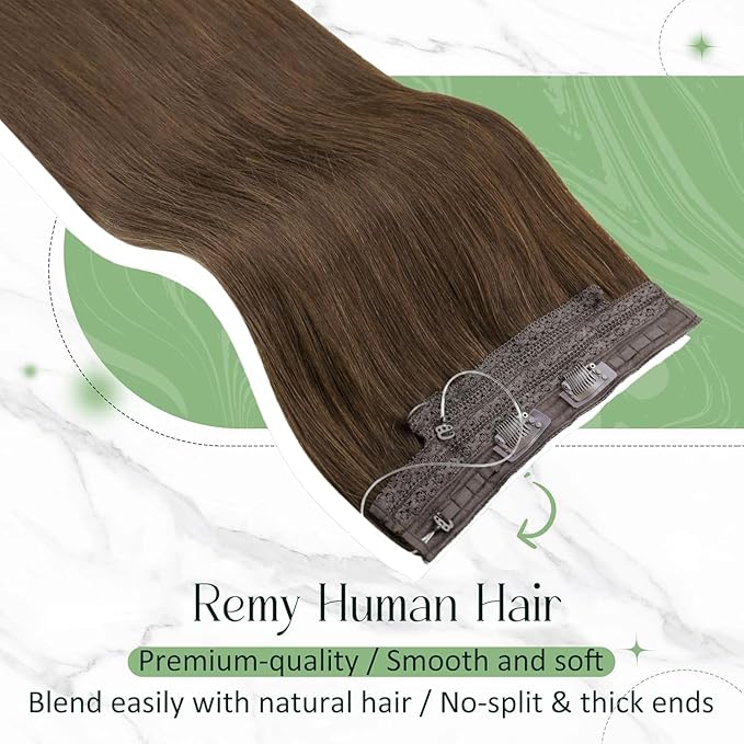 RUNATURE Wire Hair Extensions Real Human Hair Brown, Invisible Wire Hair Extensions 16 Inch, Remy Straight Hair for Party, Natural Looks, Can be Styled #4