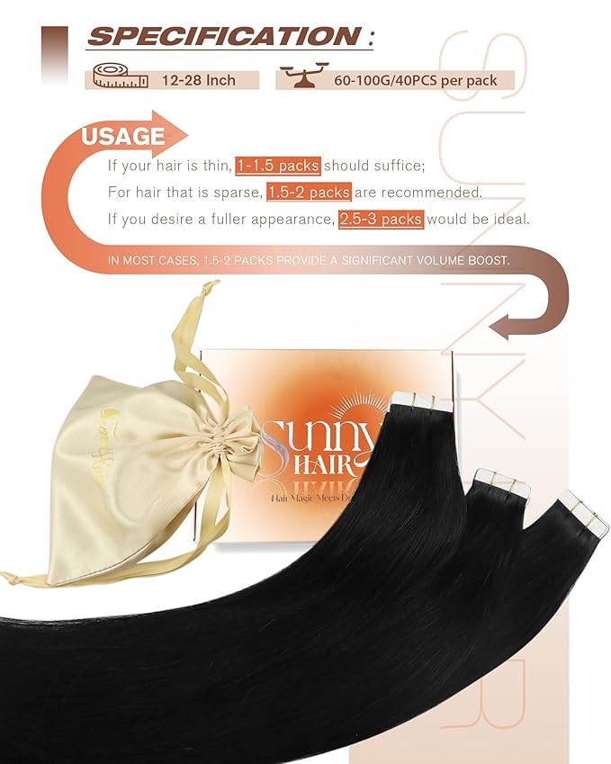 Sunny Hair Tape in Hair Extensions Human Hair 28inch Hair Extensions Real Human Hair Tape in Extensions for Women Jet Black Invisible Remy Hair Natural Straight Skin Weft Double Sided Tape 40pcs 100g