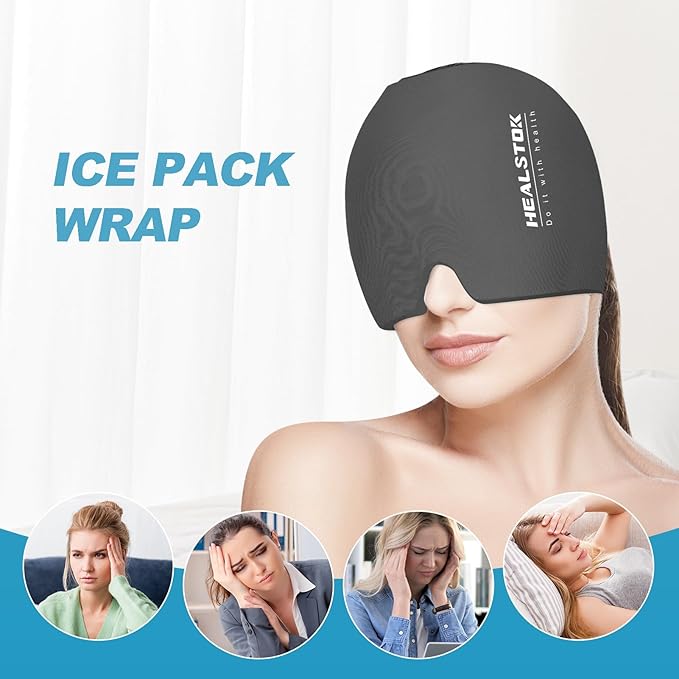 Cold Hat, Ice Cap, Ice Head Wrap, Cold & Hot Therapy Reusable 360 Compression Flexible Ice Pack Head Wrap, Cold Head Park Wrap. Grey