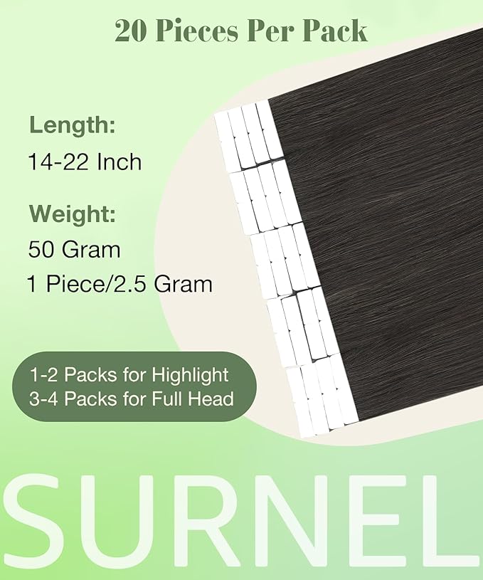 SURNEL Tape in Hair Extensions Human Hair Color 2 Darkest Brown 20 inch Tape in Human Hair Extensions 20 pcs 50g(#2-20)