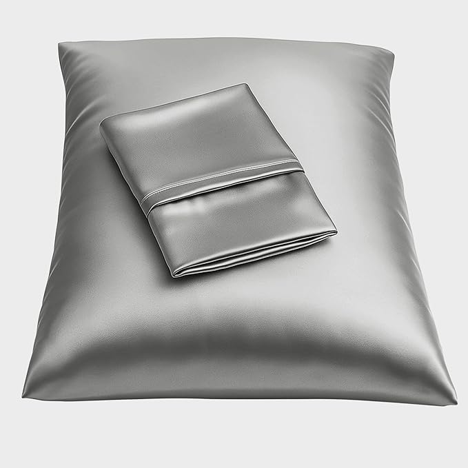 BLISSFORD Satin Pillowcase with Zipper, for Hair and Skin Care, Feels Soft and Cool Like a Silk Pillowcase, Satin Pillow Cases 2 Pack, Slik Pillow Cover, Grey, Queen Size, Set of 2