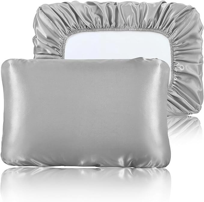 SiinvdaBZX Silver Grey Satin Pillowcase Standard/Queen Size Set of 2, Silky Travel Elastic Band Satin Pillow Case for Hair and Skin, Soft Portable & Fit for Various Pillow