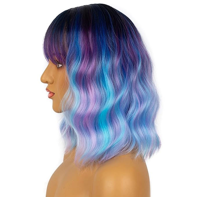 Colourful Short Bob Wigs with Bangs for Women Loose Wavy Wig Curly Wavy Shoulder Length Bob Synthetic Cosplay Wig for Girl Colorful Costume Wigs (Colourful-1)