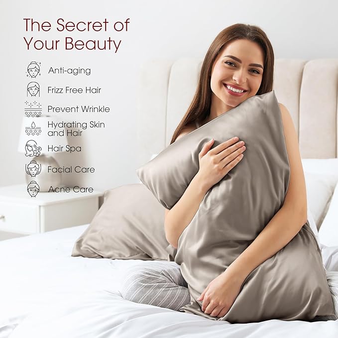 100% Silk Pillow Cases 2 Pack Standard Size Mulberry Silk Pillowcase for Hair and Skin Set of 2 Highest Grade 6A Silk Soft Breathable Cooling with Hidden Zipper, Grey