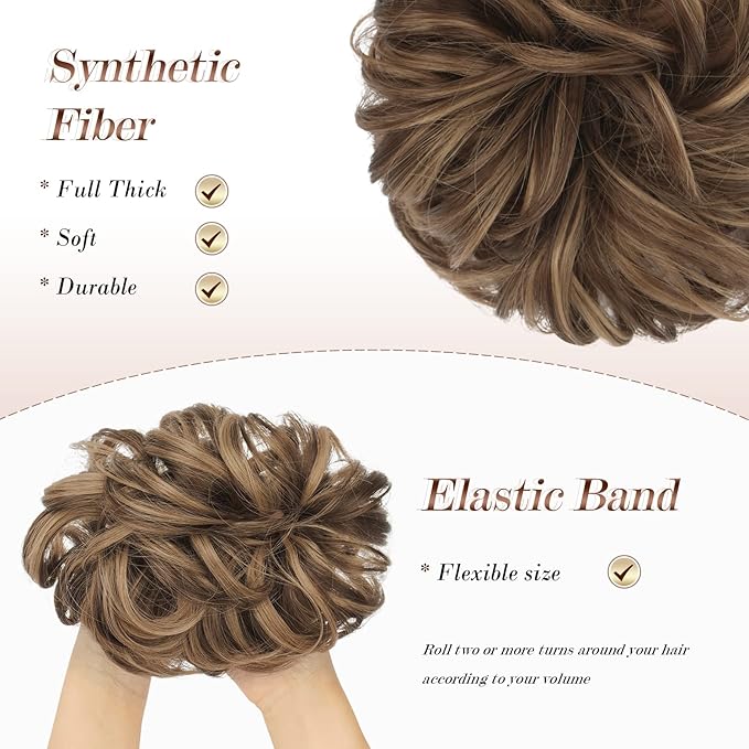 FESHFEN Messy Bun Hair Piece - Elastic Wavy Curly Hair Bun Scrunchies Extensions Synthetic Chignon Hairpieces for Women Girls, Brown Mixed Honey Blonde 1.5 oz