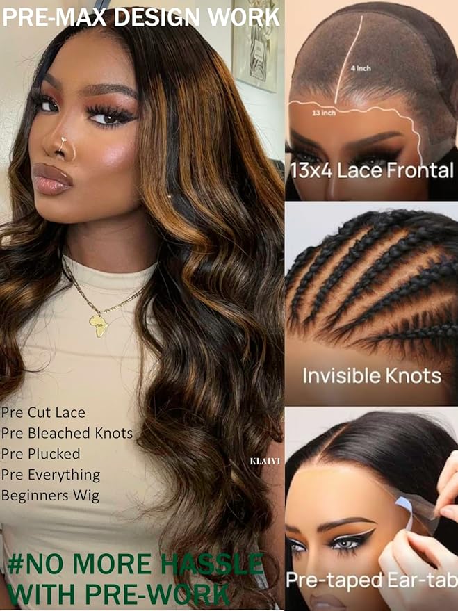 KLAIYI Pre Everything 13x4 Glueless Wig Ombre Brown Body Wave Pre Cut Lace Front Wigs Human Hair Pre Plucked Pre Bleached Wear and Go Wig with Dark Roots 12A Highlight Balayage 3S Ready To Wear 26Inch