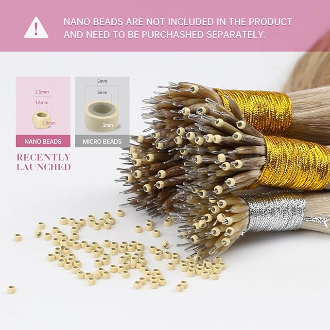 YoungSee Platinum Blonde Nano Beads Hair Extensions Human Hair 16inch Nano Ring Hair Extensions Real Human Hair White Blonde Nano-Link Extension for Weddings and Special Occasions 50s 50g