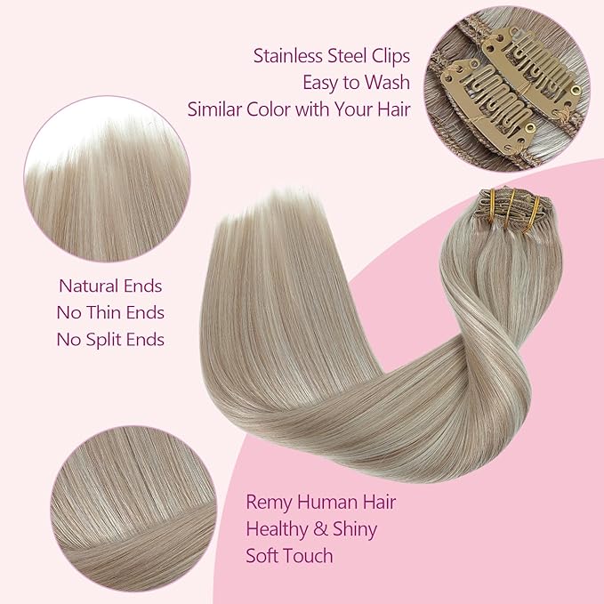 PINKPEARL Clip in Hair Extensions #18P1000 Ash Blonde Highlighted Gray Blonde 7pcs 18 Inch 120g Real Remy Hair Extensions Clip in Human Hair(#18P1000-18)