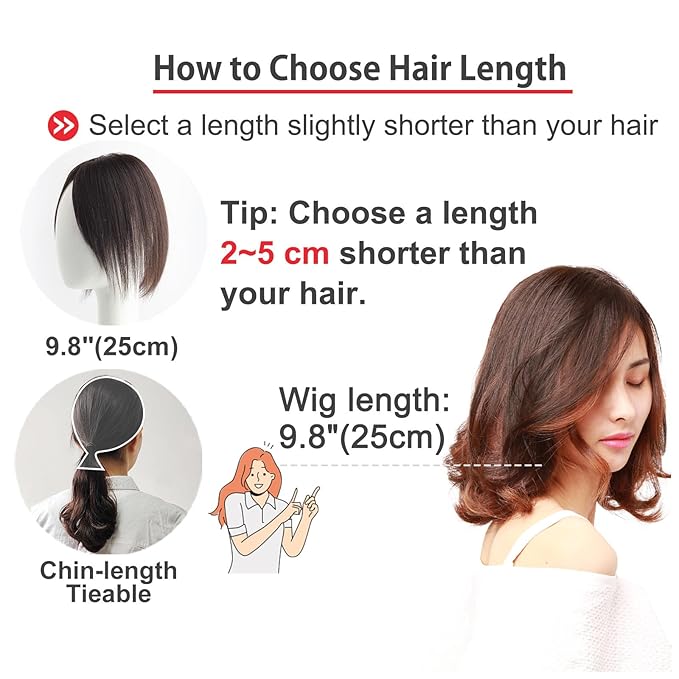 Real Human Hair Topper Double-Monofilament Top Hand-Tied Hair Pieces Mid Length for WomenThinning Hair BHADS812 (BL Natural Black × Hair Length:9.8"(25cm), Base Size:3.1"×4.7"(8cm×12cm))