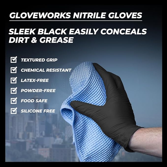 GLOVEWORKS Black Disposable Nitrile Industrial Gloves 5 Mil, Latex/Powder-Free, Food-Safe, Textured