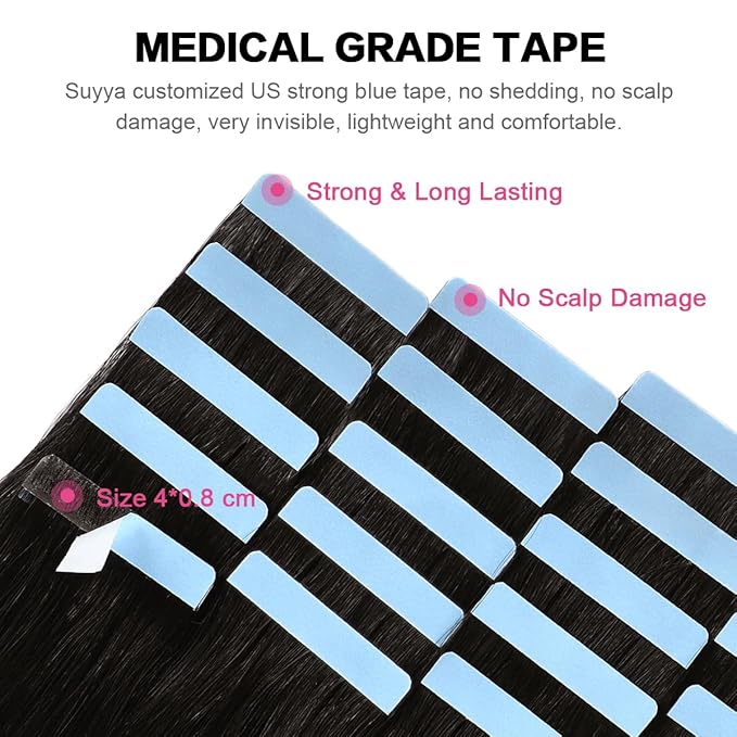 SUYYA Tape in Hair Extensions Human Hair 100% Remy Human Hair Natural Black 50g/pack 20pcs Straight Seamless Skin Weft Tape Hair Extensions(24 inches #1B Off Black)