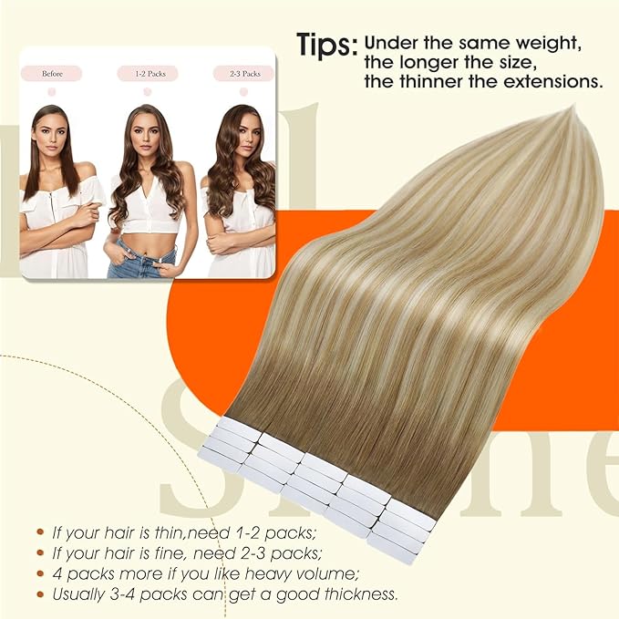 Full Shine Tape in Hair Extensions Balayage Color 6/27/60 Brown And Blonde Tape in Extensions Human Hair Invisible Tape ins Human Hair Extensions Seamless Skin Weft 20Inch 50Gram 20Pcs Remy Brazilian