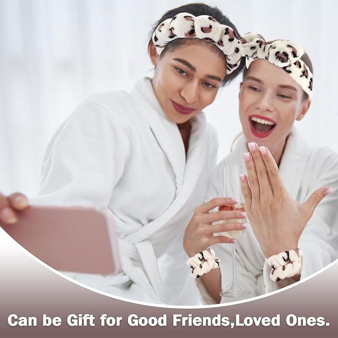 Zkptops 6Pcs Spa Headband for Washing Face Wristbands Set Women Bubble Skincare Makeup Sponge Plush Padded Puffy Headband Bow Tie Hairband Cute Non Slip Thick Hair Accessory Gifts(Beige Leopard)