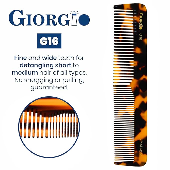 Giorgio G16 Fine and Wide Tooth Handmade Hair Comb - Detangling Styling Barber Comb for Men and Women - Saw Cut Detangler