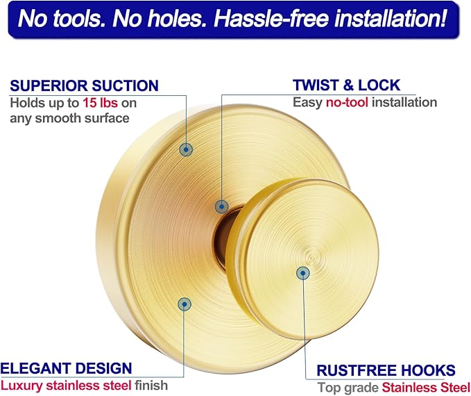 Suction Cup Hooks for Shower, Towel Hooks for Bathroom Window Glass, Bath Robe Looafh Hook for Hanging - 2 Pack, Gold