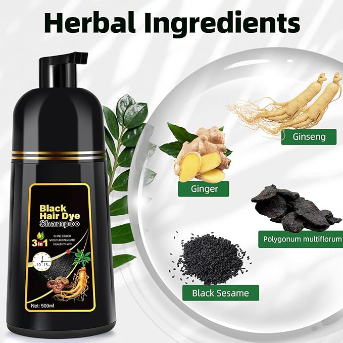 Black Hair Dye Shampoo 3 in 1 for Gray Coverag Color Shampoo for Women/Men Instant Herbal Semi Permanent champu para canas