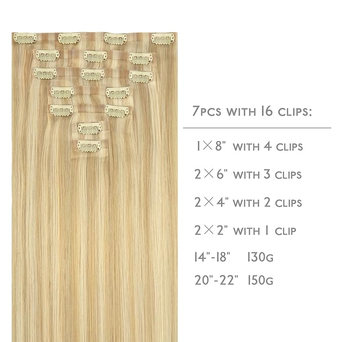 WENNALIFE Seamless Clip In Hair Extensions, 16 Inch 7pcs 130g Light Blonde Highlighted Golden Blonde Hair Extensions Clip In Real Human Hair Extensions Invisible PU Weft Human