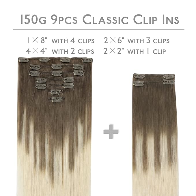 WENNALIFE Clip in Hair Extensions Real Human Hair, 16 Inch 150g 9pcs Human Hair Extensions Clip In, Ombre Sandy Brown to Platinum Blonde Hair Extensions Clip In Real Remy Human Hair