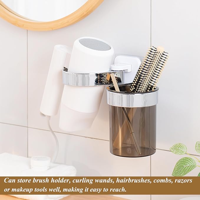 Hair Dryer Holder, Bathroom Blow Dryer Organizer with Storage Tray, Hair Care Tools Holder Wall Mount - Extra Large Rim (Silver+White, L 7.7”×W 4.1”×H 4.3”)