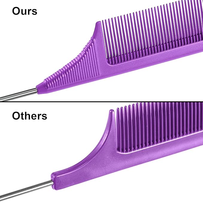Leinuosen 3 Packs Rat Tail Comb Steel Pin Rat Tail Carbon Fiber Heat Resistant Teasing Combs with Stainless Steel Pintail (Purple, Orange, Yellow)
