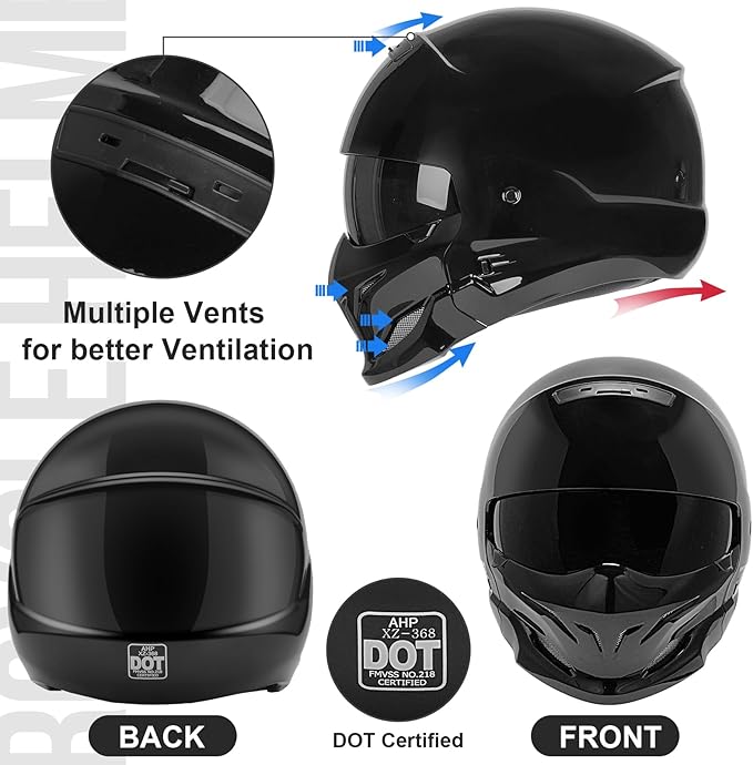 Full Face Motorcycle Helmet for Unisex-Adult Dirt Bike ATV Scooter Cruiser 3/4 Face Motocross Helmet Interchangeable Mouth Cover DOT Approved