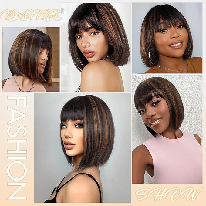 Bob Wig Human Hair with Bangs Glueless 2.5x1 HD Lace Colsure Wigs Human,Yaki Bob Wig with Brown Highlights, Ready to Go Short Wigs For Women Beginner Friendly 14 Inch