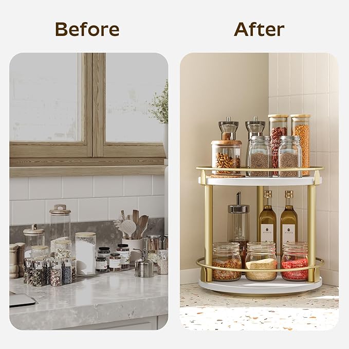 Lazy Susan Organizer, Rotating Spice Rack, 2 Tier Spice Turntable Organizer, Industrial Turntable Spice Holder, for Kitchen Countertop and Cabinet, Compact and Versatile, White and Gold SR22DW