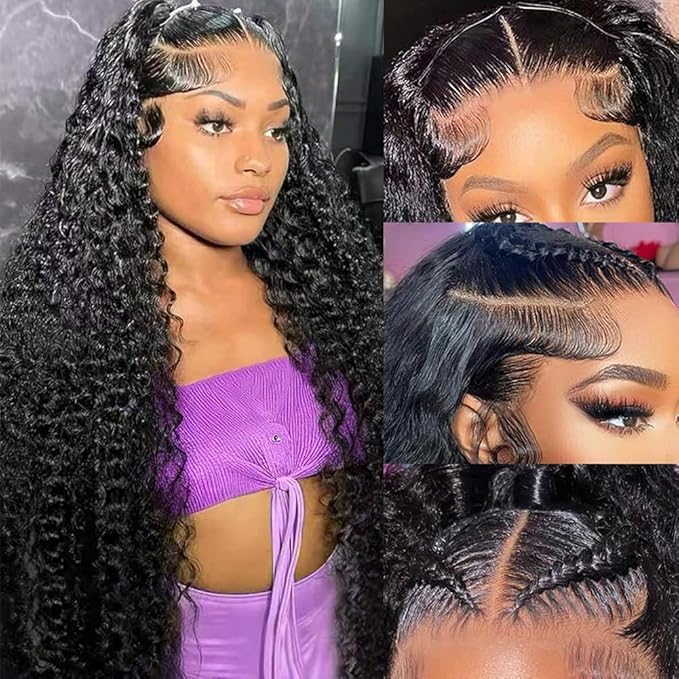 32 Inch Water Wave Lace Front Wigs Human Hair Pre Plucked 13X6 Lace Front Wigs Human Hair 200 Density Deep Part Curly Wig for Women Natural Black