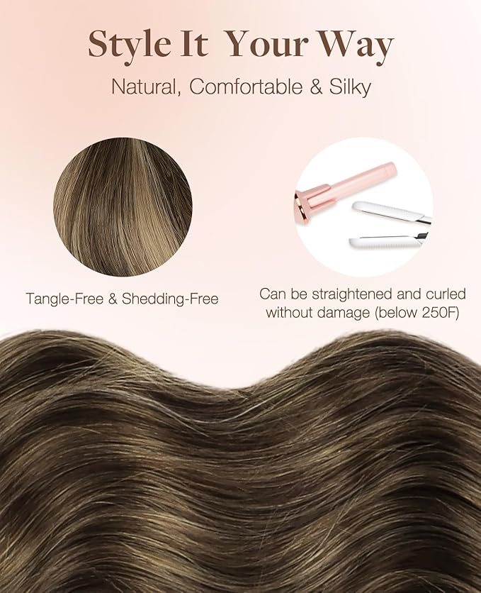 GOO GOO Invisi Edge Tape in Hair Extensions Human Hair, 4/27/4 Balayage Chocolate Brown to Caramel Blonde 20pcs 14inch 50g, Virgin Remy Hair, Seamless Injected Tape, Natural Look
